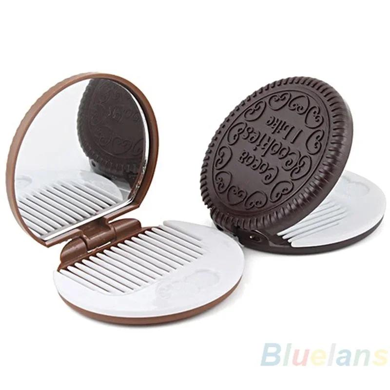 1 Pcs Chocolate Biscuit Mini Pocket Mirror With Comb Princess Portable Biscuit Shape Makeup Folding Mirror With Comb