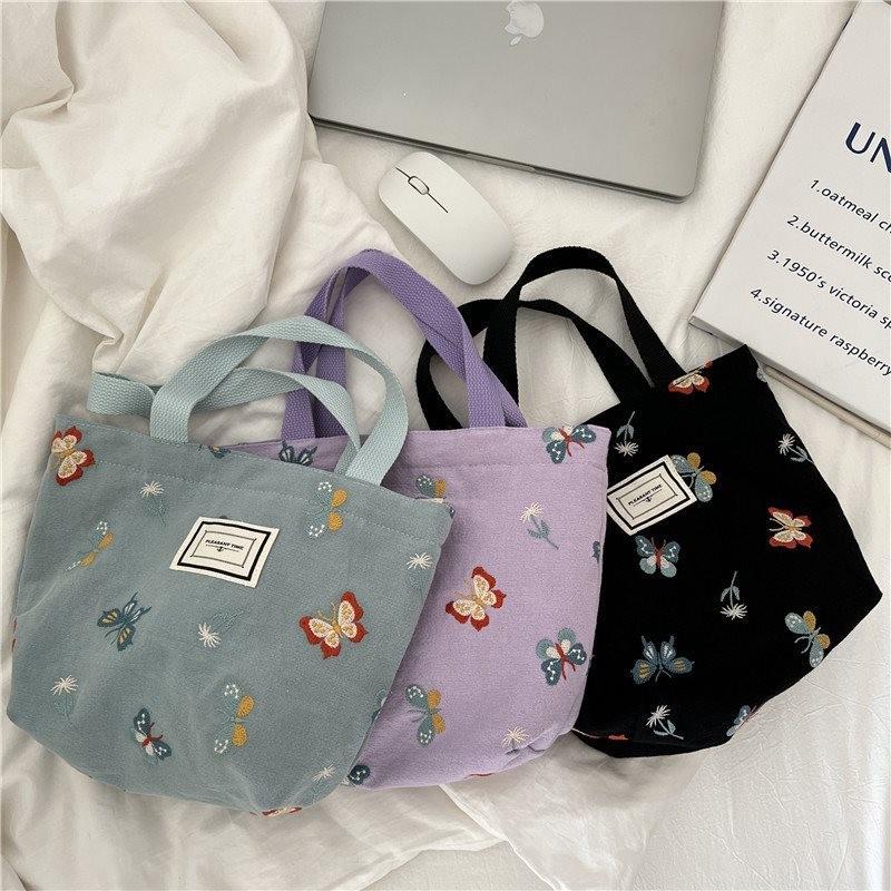Adorable Purple Butterfly Embroidered Handheld Bag Trendy Cotton Linen Lunch Tote For Everyday Use And Stylish Outfits