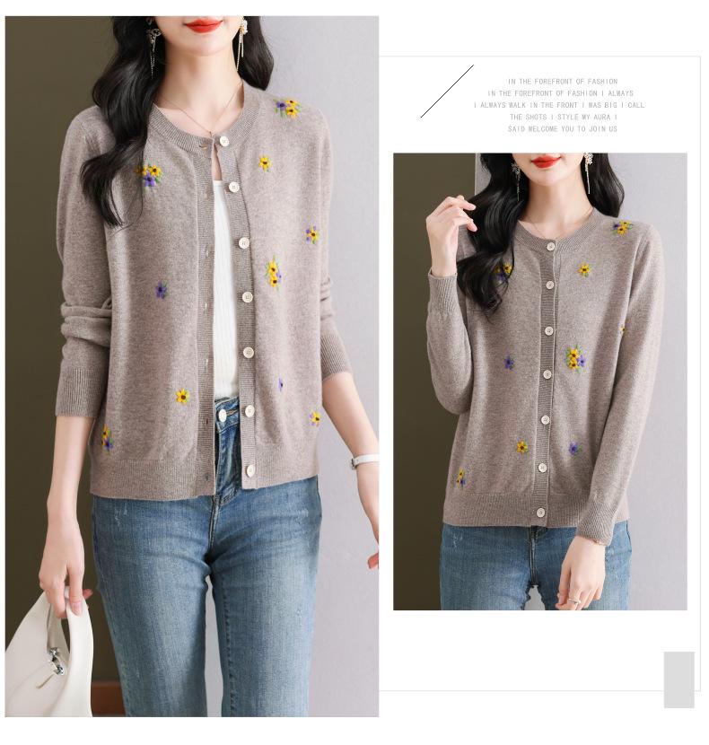Women's Floral Embroidered Pure Wool Knit Cardigan Sweater