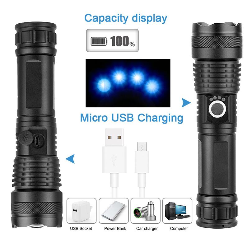 High Power Led Flashlights Camping Military Tactical Self Defense Usb Powerful Battery Rechargeable Flashlamp Mini Flashlight