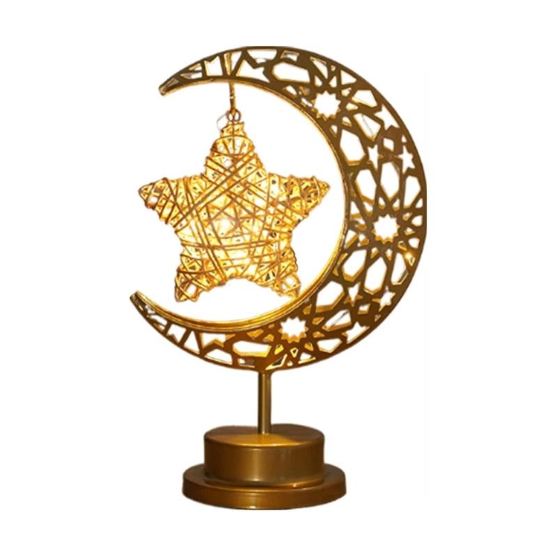 Eid Decors Moon Table Lamp Battery Operated Crescents Lamp Half Moon Light Metal Ramadans Star Lamp Home Decors
