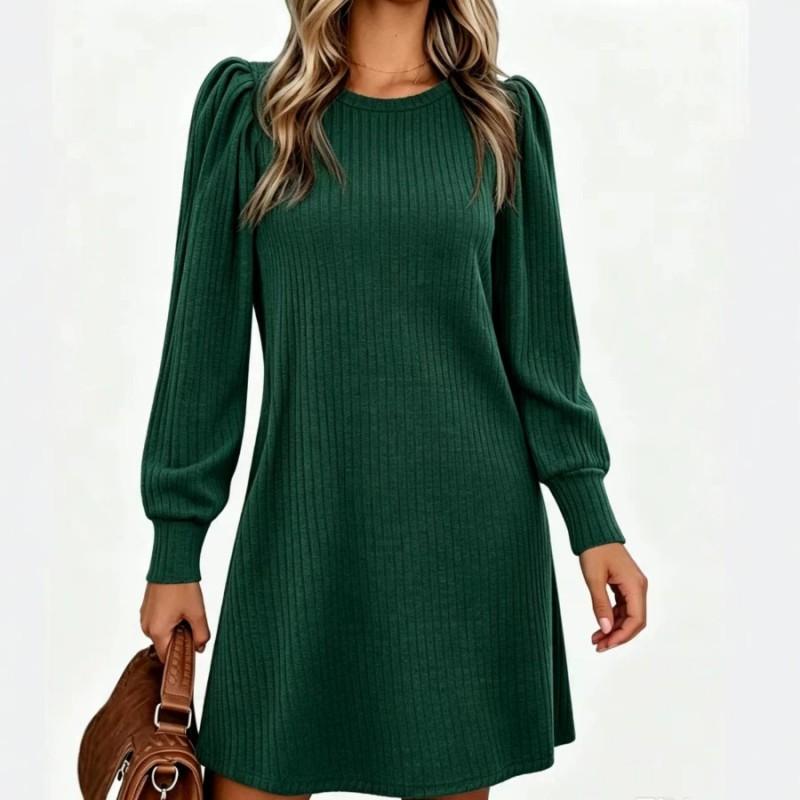 Womens Knit Midi Dress With Puff Sleeves Loose Fit Round Neck Casual A-Line Pocket