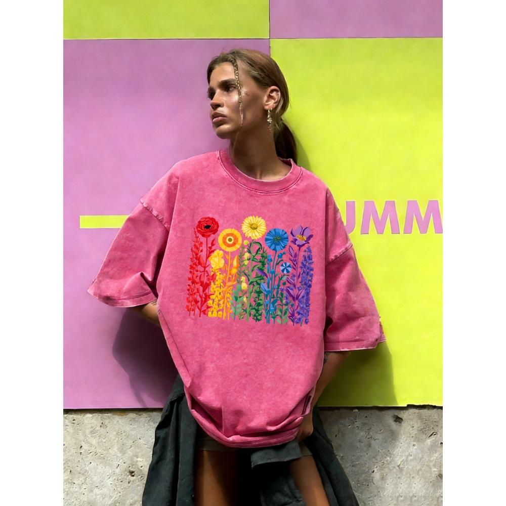 Ein lebendiger Blume des Lebens Druck Damen Washed T-Shirt Baumwolle Lässiges T-Shirt Locker Kurzarm Vintage Sommerkleidung