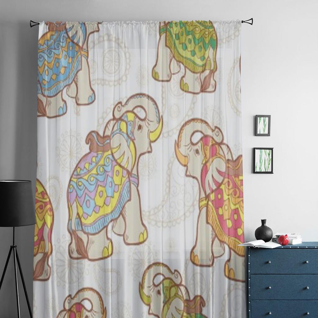 Indian Elephant Sheer Curtains for Living Room Transparent Tulle Window Treatments Bedroom Kitchen Home Decor Veil Drapes