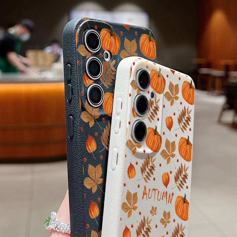 Herbst Kürbisdruck Handyhülle Für Samsung Galaxy S25 Edge S24 S25 FE S23 S22 Ultra A17 A56 A55 A54 A36 A15 A16 Silikon Ledertextur Cover