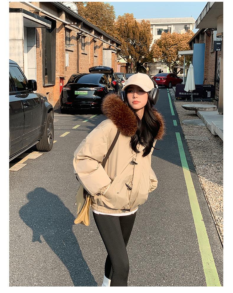 Women’s Short Hooded Windproof Thicken Warm Winter Jacket With Big Fur Lapel