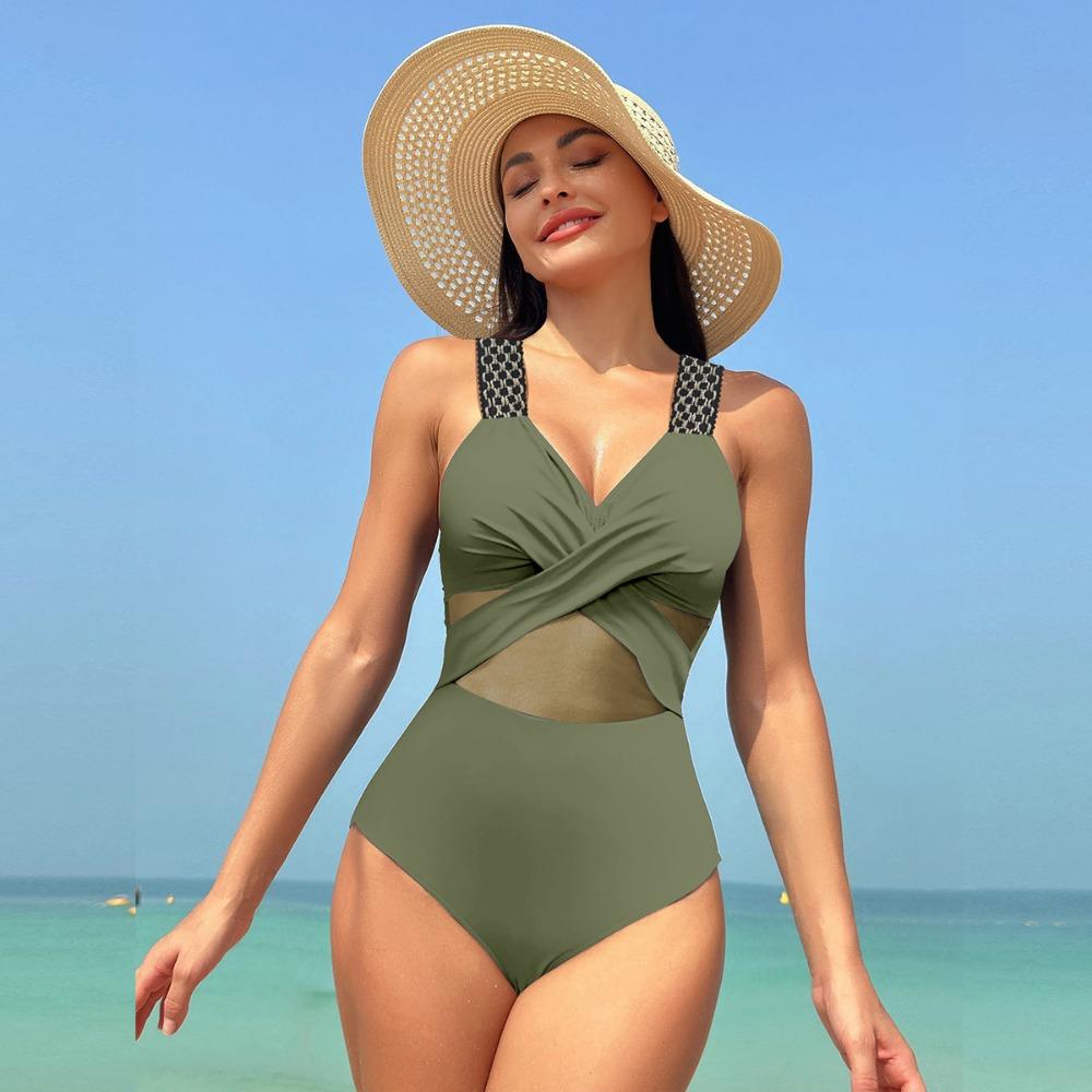 European and American One-piece Swimsuit Women's Solid Color Mesh Bikini Swimwear
