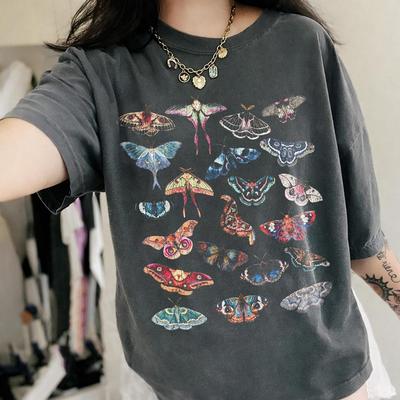 Colorful Moth Butterfly Shirt, Botanical Insect Tee, Nature Lover T-Shirt, Dark Cottagecore Top