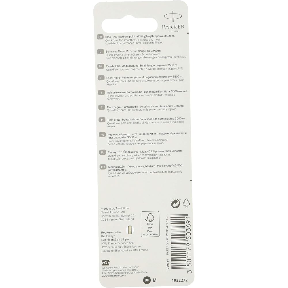 PARKER Parker Ballpoint Pen, Permanent Refill, M, Quink, Black, 1950369, Set of 5, Regular Imported