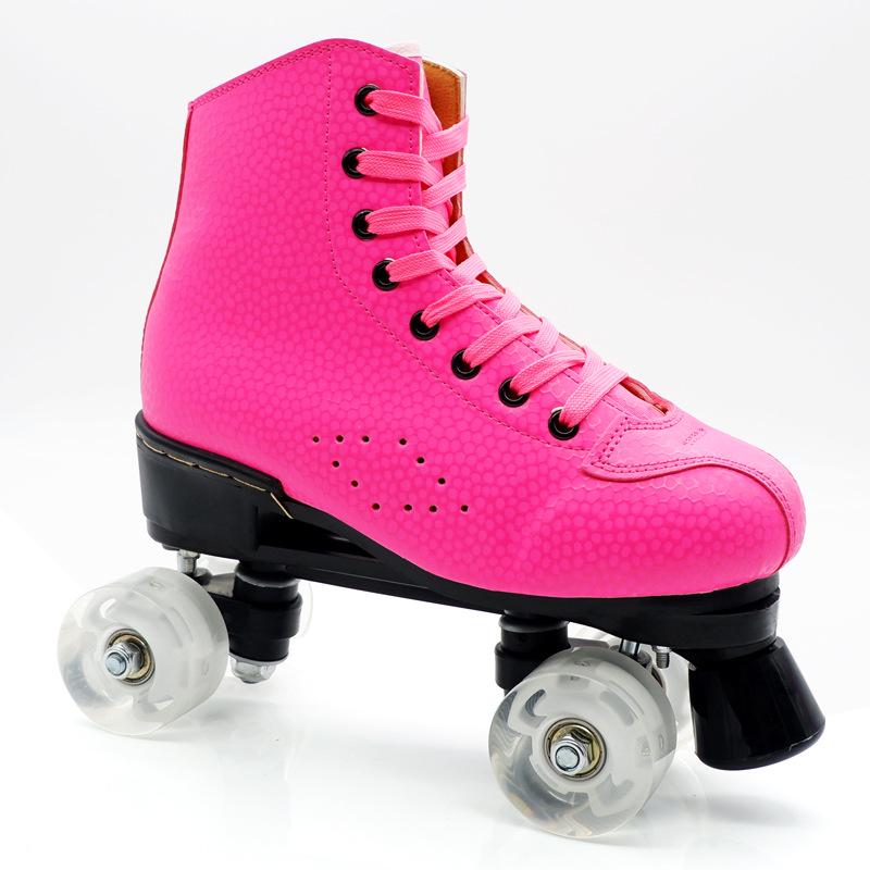 Rose Red Double Row Adult Roller Skates with Flashing Wheels - Leather Style