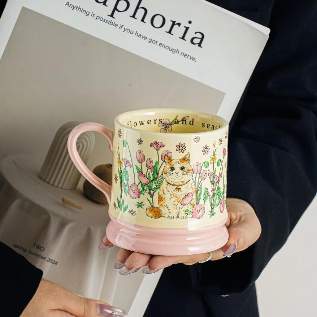 Cute Cat Ceramic Mug Amidst Flowers, Design Inspired Office Coffee Mugs, High-value Couple Tea Cup, Holiday Gift Kawaii Cup