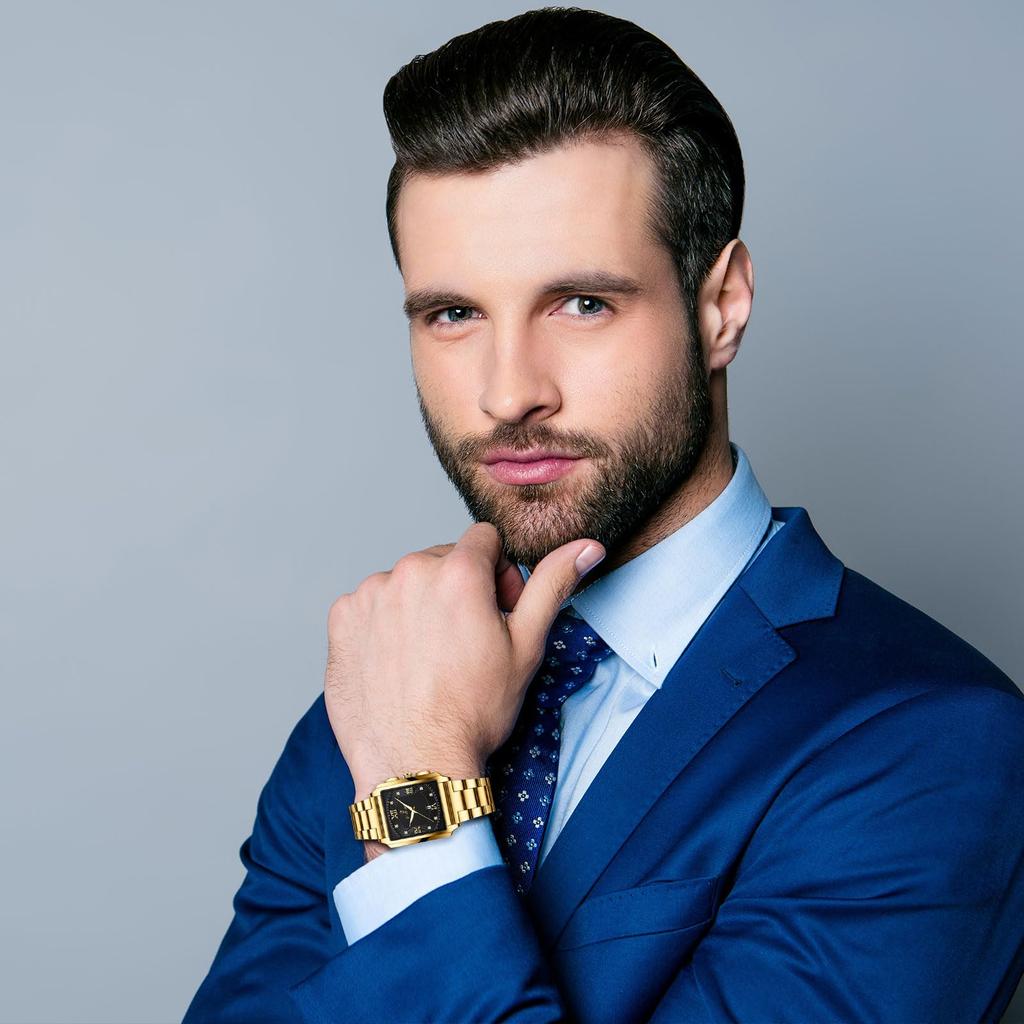 Square Gold Watch with Roman Luminous 3ATM Water Stainless Steel Quartz Casual and Stylish Fashion Accessory Perfect Gift for Day Men's Calendar