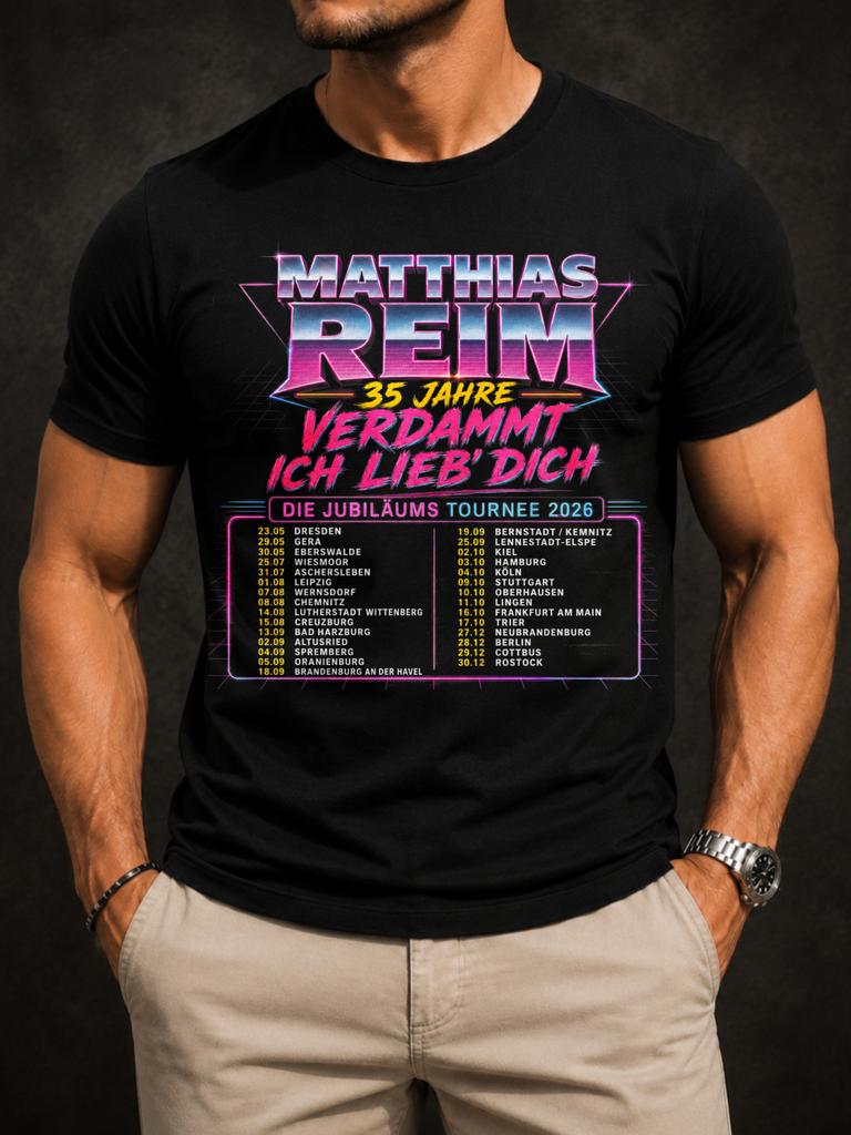 Neon Matthias Reim Tour Med Rosa Blå Retro Bokstaver 35 År Tekst 2026 Konsertdatoer Og Glød Unisex All T-skjorte