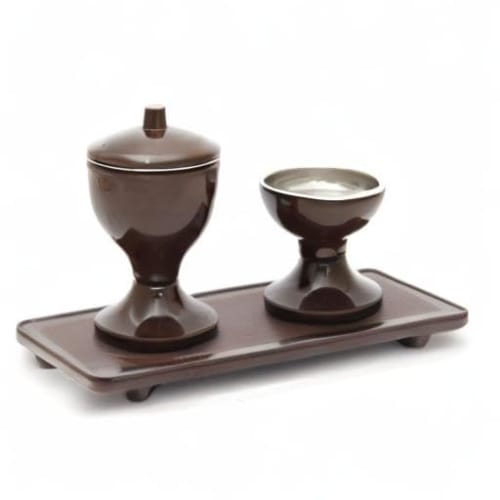 A 7-piece Buddhist Altar Set Featuring a Rust-proof Bell, Water Container, Rice Bowl, Tray, Flower Vase, Shikimi (millet), and Electric Candles. This
