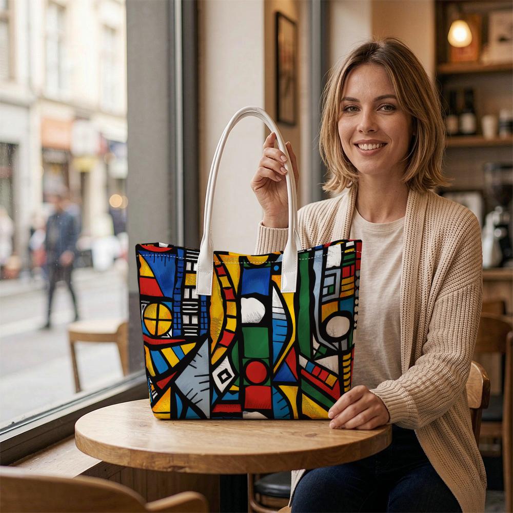 Abstract Geometric Print Casual Tote Bag Daily Use Large Capacity Portable Shoulder Bag