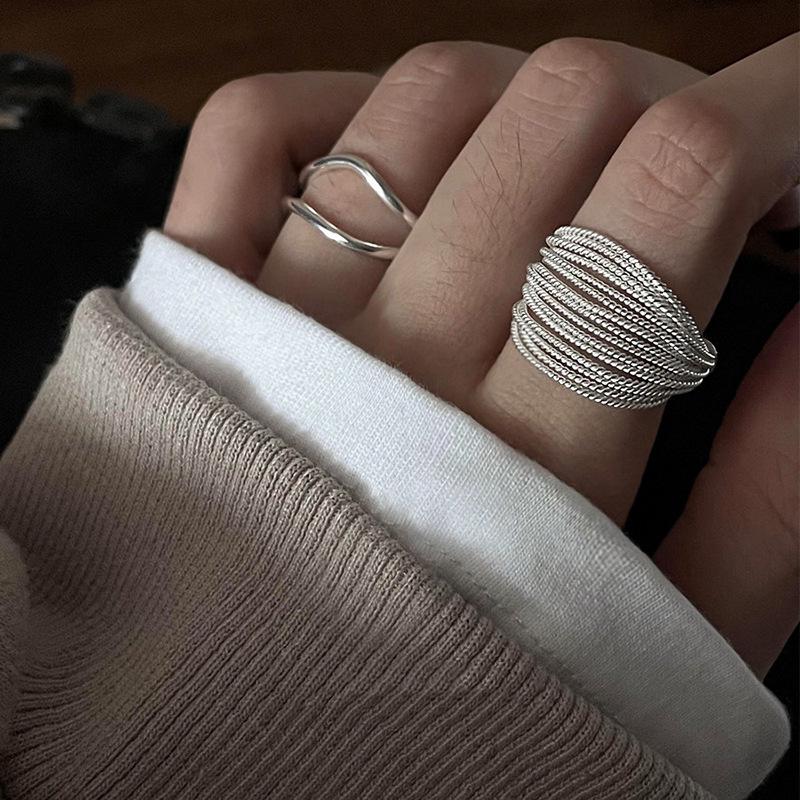 S925 Silverpläterad minimalistisk flerlagers öppen ring för kvinnor