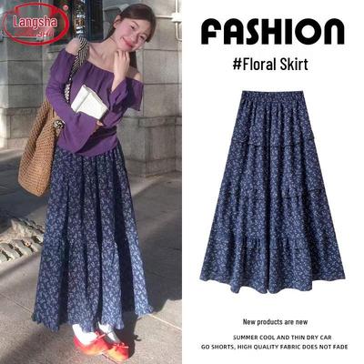 Women's Navy Floral High-Waist A-Line Long Skirt