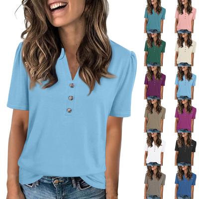 Dámské módní ležérní jednobarevné tričko s krátkým rukávem a výstřihem do V na knoflíky