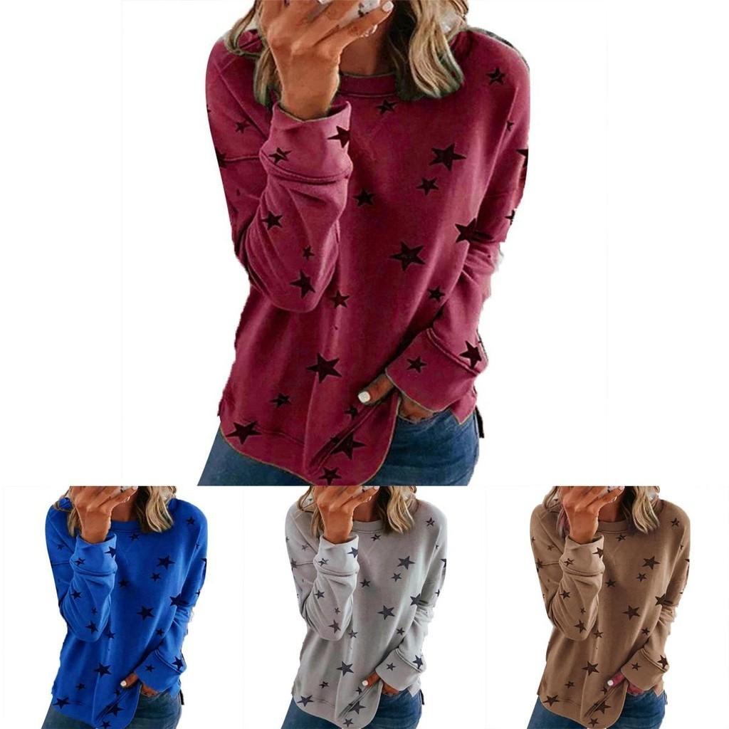 Women Casual Tunic Crew Neck Long Sleeve Star Print Tee Top Blouse For Daily Comfort And Style