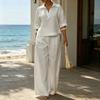 Women's 2 Piece Sets Casual Short Sleeve Lapel V Neck Top And Wide Leg Pants Summer Travel Vacation Lounge Outfits