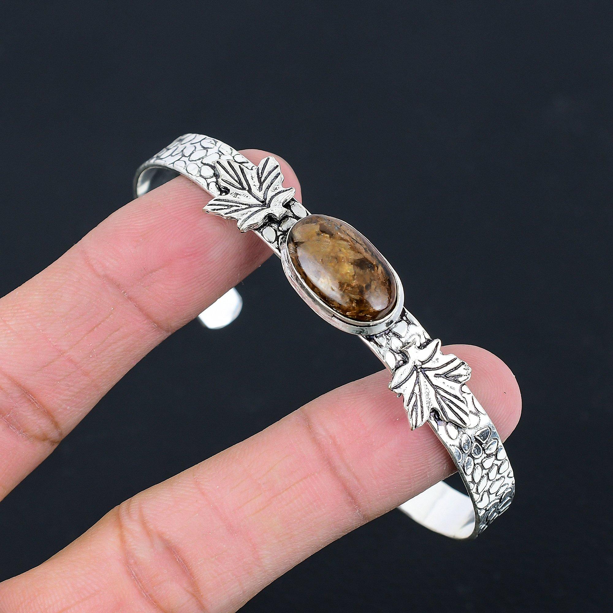 

Daughters Day Deal 925 Silver Oval Bronzite Gemstone Leaf Wife Bangle Jewelry Adjustable