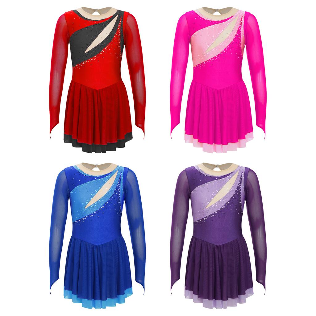 Dětská Dívčí třpytivá štrasová kombinéza Unitard s dlouhým rukávem a klíčovou dírkou na zádech pro krasobruslení Akrobacie Gymnastika