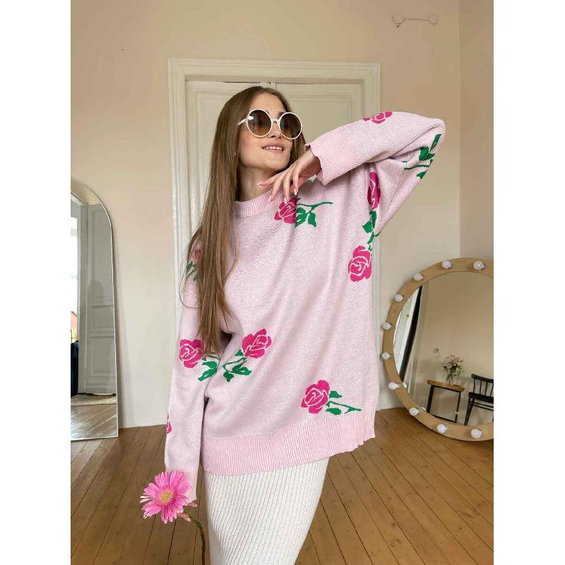 Cross-Border round Neck Rose Printed Sweater Sweater European and American Autumn and Winter New All-Matching Loose Pullover Sweater for Women
