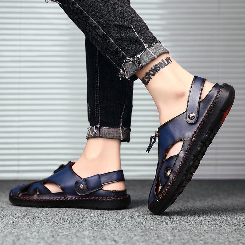 Men's Handmade Stitching Men's Black Sandals Two Wearing Slippers Summer Outdoor Male Footwear Firm Original Beach Men Slippers