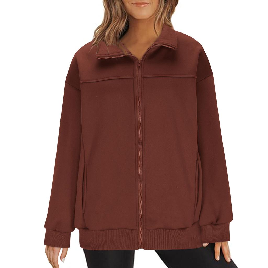 Damenmode Reißverschluss Hoodie Langarm Kapuzenpullover Sweatshirt Lässige einfarbige Oberteile mit Taschen