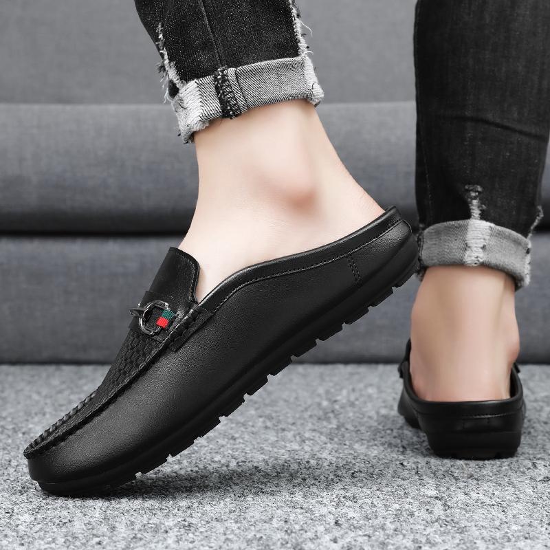 Male Shoes All-match Muller Shoes Men Leather Fashion Half Slipper Summer Men Loafers Flats Slippers for Outdoor Walking Shoes