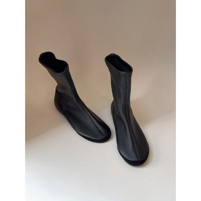 Lammfellversion runder Kopf retro schlichte dünne Stiefel flache kurze Stiefel dünne Stiefel elastische Stiefel Damen vielseitige Pendler Sockenstiefel