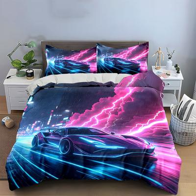 Neon Purple Sports Car City Rain Bedding SetLightning Night Street Racing Print BeddingCool Cyberpunk 3PC For Youth Boys Room