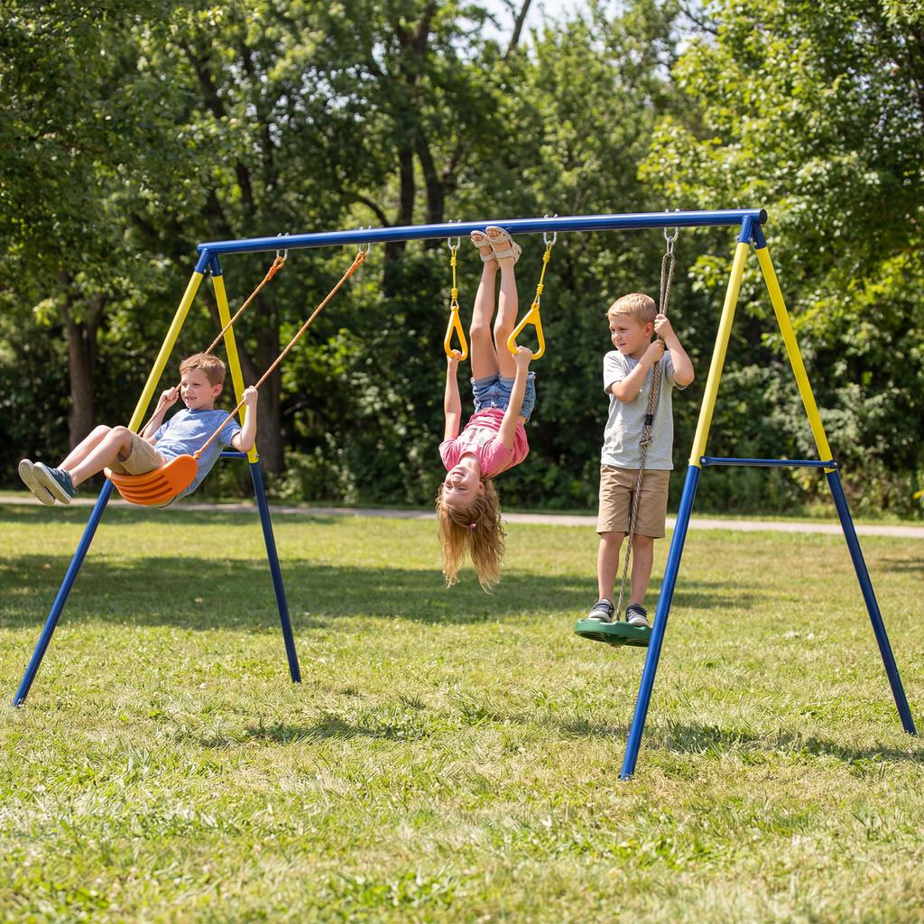 Swing Frame Up To 150 Kg 3-in-1 Kids Swing with Classic Swing, Gymnastic Rings, Standing Swing, 285x160x181 Cm