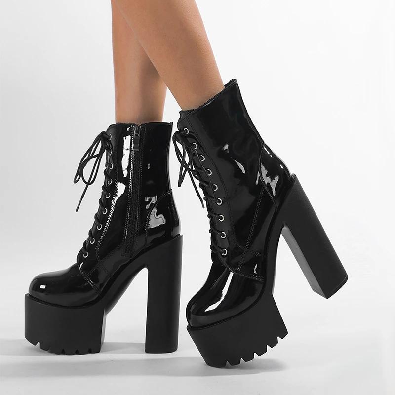 Eilyken Punk Style Platform Patent Leather T-tied Women Ankle Boots Autumn Winter Round Toe Square High Heels Shoes