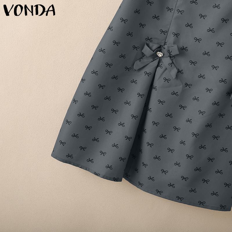 VONDA Women College Style Ruffled Neck Bow Knot Polka Dots Patchwork Pleated Dress