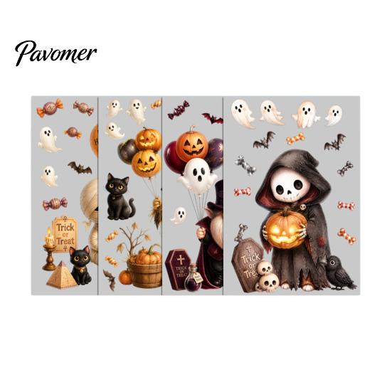 Halloween Window Clings 4Pcs Cartoon Clings, Pumpkin Ghost Scarecrow Stickers, Waterproof Murals Removable Decals for Home Storefront Doors