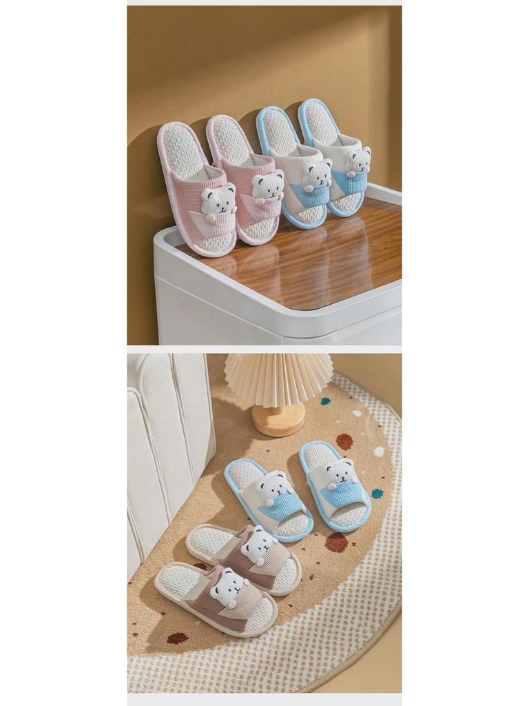 Women's Cartoon Bear Open-Toe Linen Slippers - Cozy Indoor Footwear for All Seasons