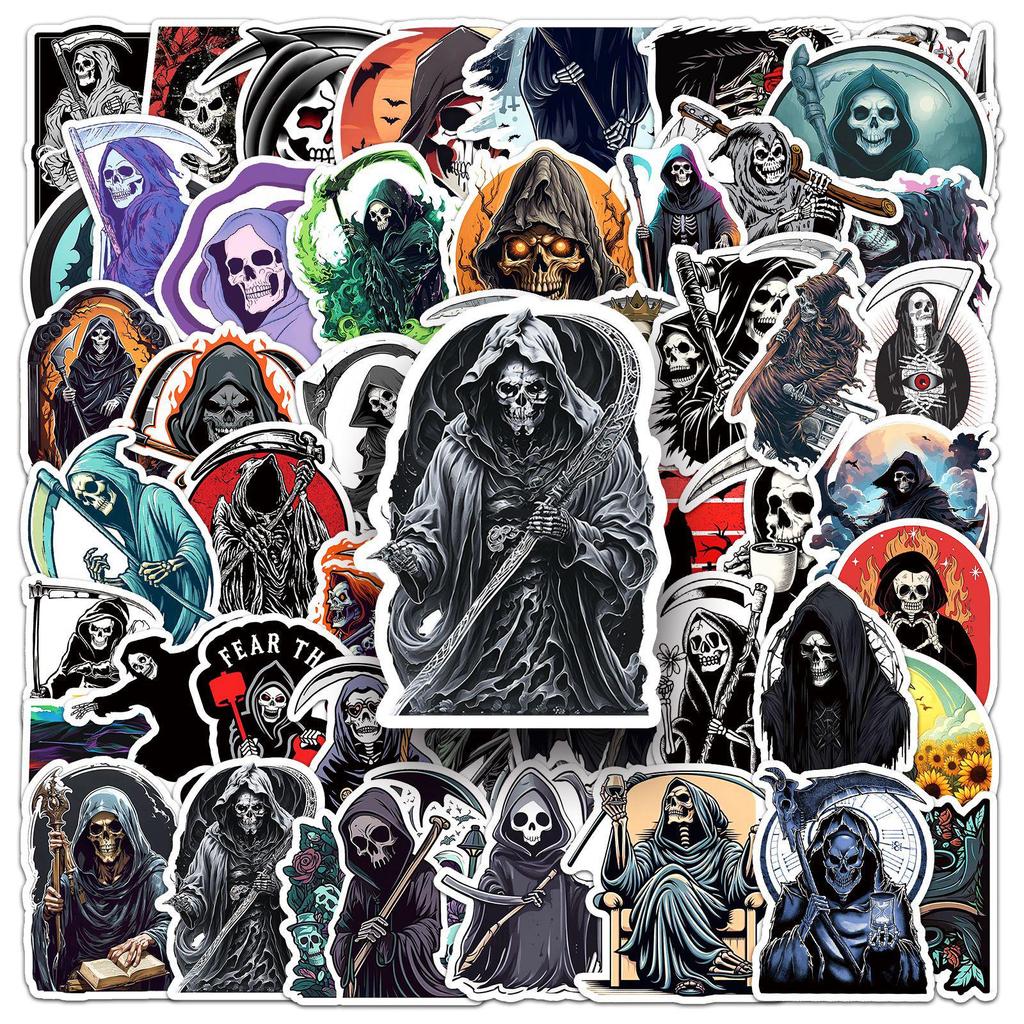 50pcs Gothic Death God Waterproof Stickers for Halloween - Perfect for Suitcases, Phones, Thermos Cups & Journals