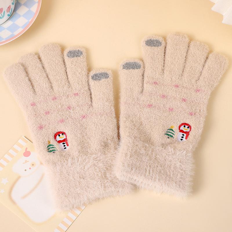 Autumn And Winter Knitted Plush Gloves Outdoor Cycling Windproof Warm Thick Cute Cartoon Touch Screen Gloves
