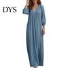 Casual Wear Dress Bohemian Ruffle V-Neck Long Dress, 3/4 Sleeves Maxi for Breathable Women Dresses Women, Solid Color Loose Spring Fall Relaxed Fit