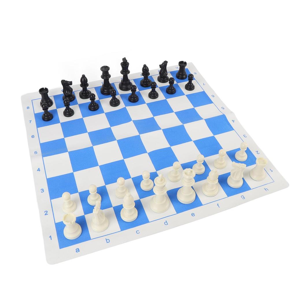 19,7 Zoll Schachspiel-Set Kunststoff 32 Schachfiguren Schachfiguren mit PU Blau Weiß Gitter Schachbrett und