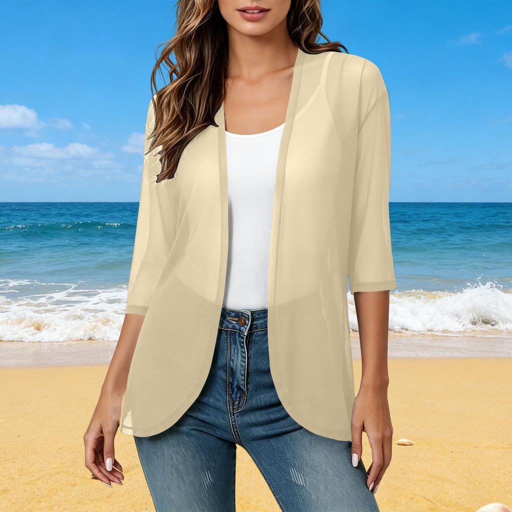 Women's Linen Cardigan With 3/4 Sleeves, Loose Fitting Hood, Shawl Jacket