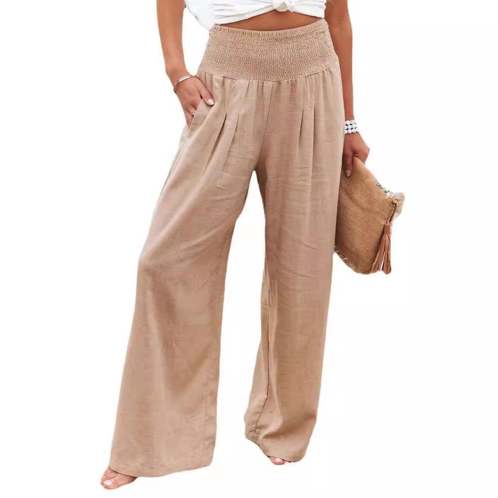 High Waisted Wide Leg Pants with Elastic Waistband, Light Beige Loose Fit Trousers for Women