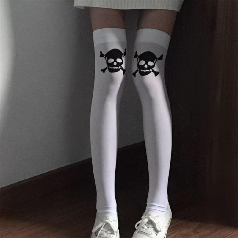 Women Gothic Skeleton Print Over Knee Socks Elastic Nylon Blend Thigh High Stockings For Halloween Event And Fall Outfit