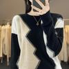 Women's Intarsia Color Block Pure Wool Sweater - Long Sleeve Half-High Neck Pullover