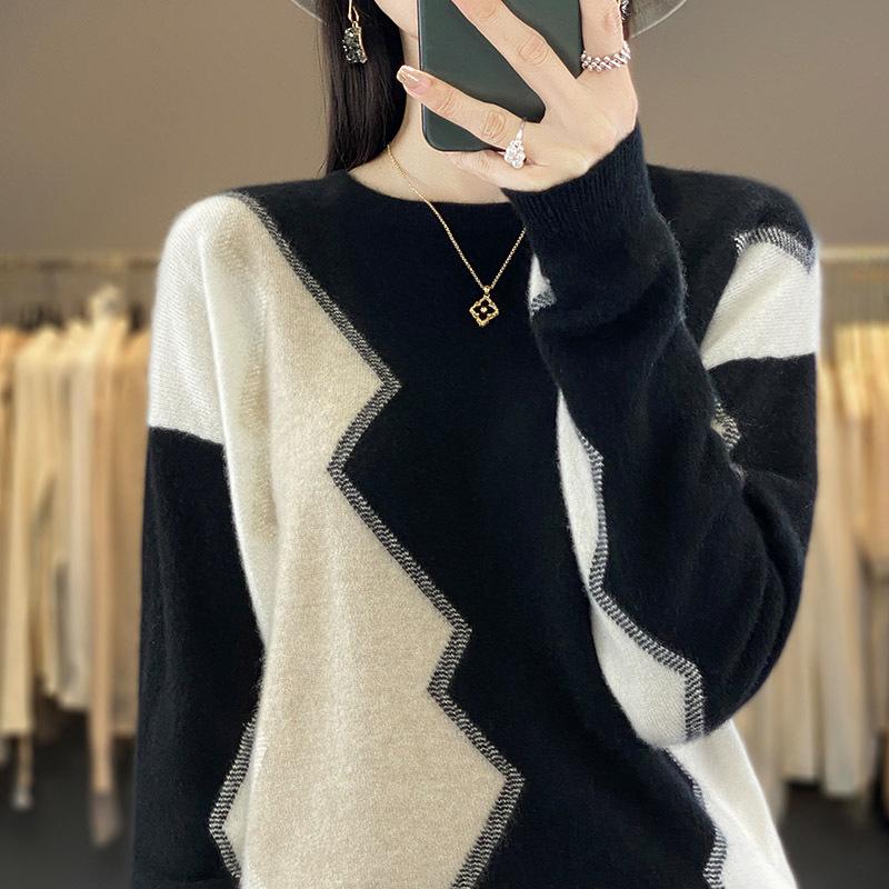 Women's Intarsia Color Block Pure Wool Sweater - Long Sleeve Half-High Neck Pullover