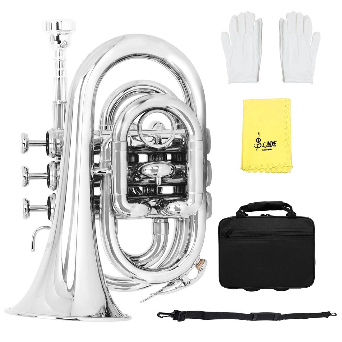 SLADE Mini Pocket Trumpet Bb Flat High Quality Sliver Brass Body Trumpet Wind Instrument with Carrying Case Trumpet Accessories
