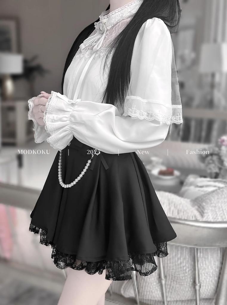 Bluse und Mini-Kreuz Große Größe Klein [MODKOKU] Damen Umhang-Stil 3-teiliges Set, Rock, Spitze, Rüschen, Schleifen, Lolita, Design, Gothic, Schnürung, Moe,