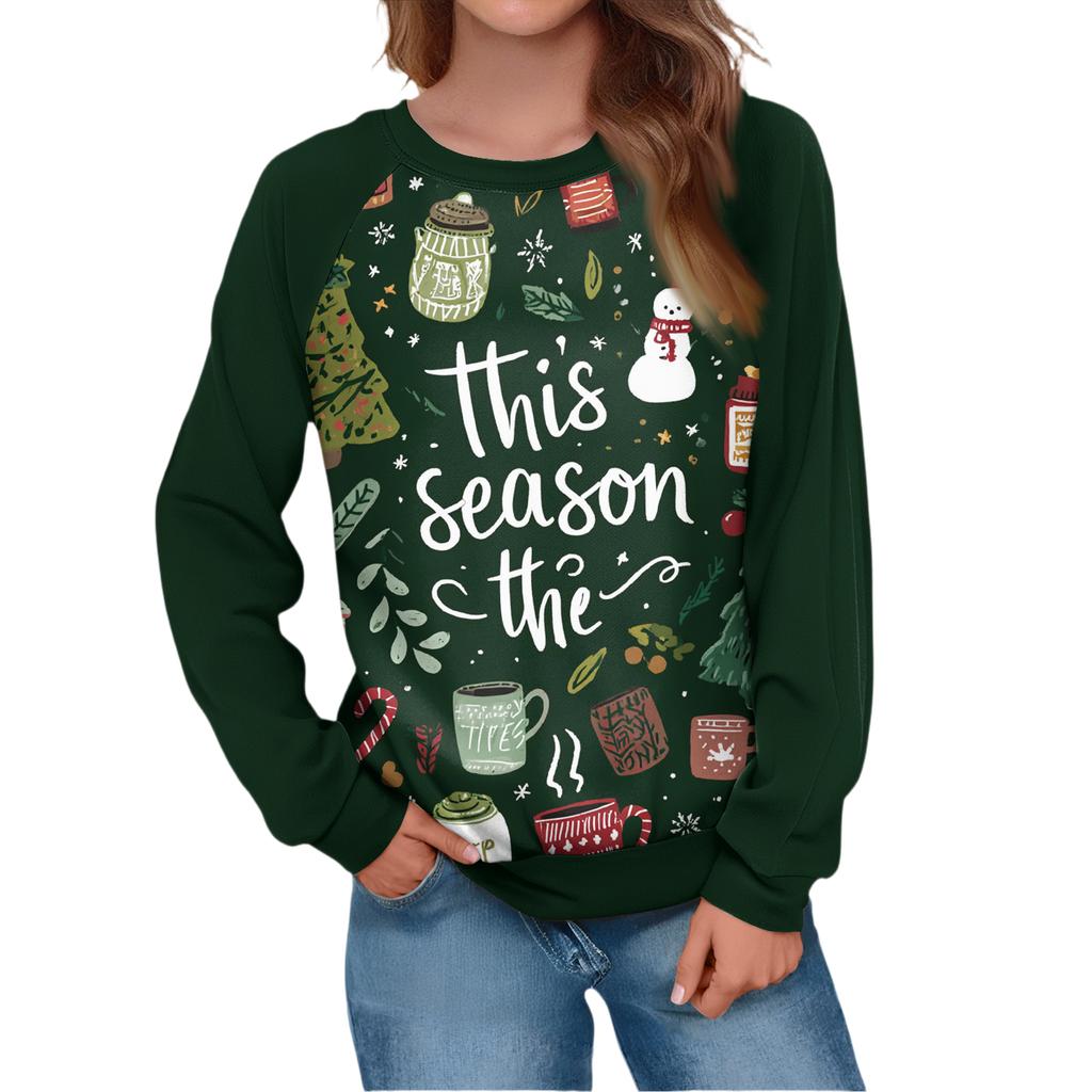 Women's Fashion Casual Long Sleeve Christmas Printed  Neck Sweatshirt Top