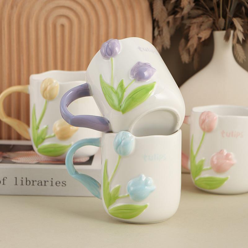 450ML Tulip Ceramic Cup Three-dimensional Embossed Flower Coffee Mug Afternoon Camellia Flower Tea Cup Home Breakfast Milk Mug
